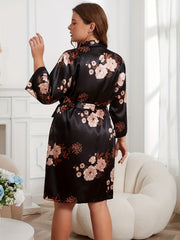  Floral Print Long Sleeve Silk Satin Robe & Cami Dress Set