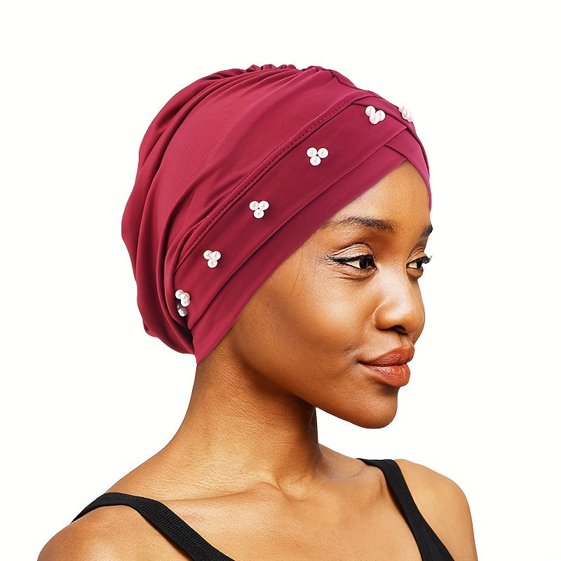 Faux Pearl Decor Turban Cap Solid Beanie Ruched Head Wrap