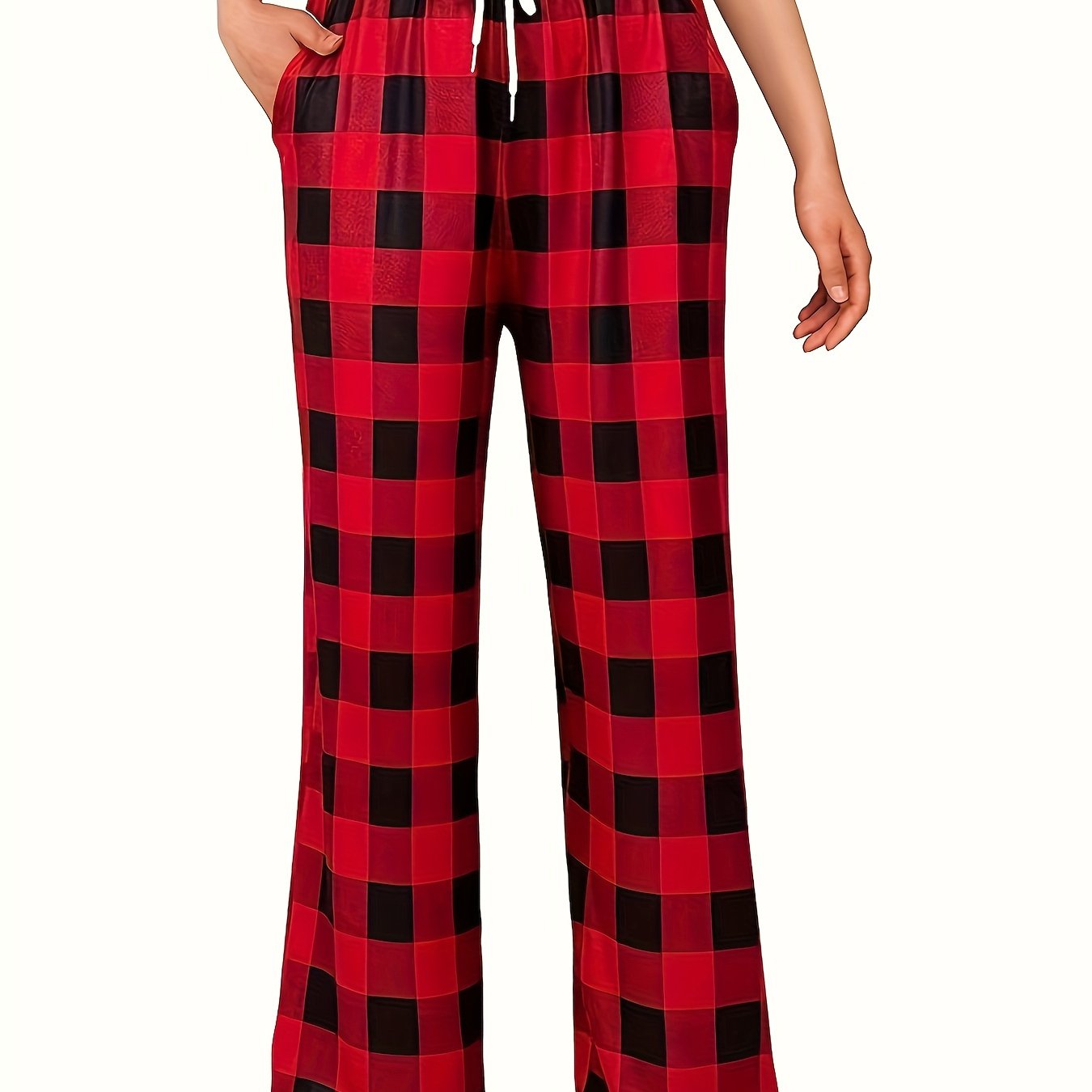  Plaid Print Drawstring High Rise Stretch Trousers With Pockets