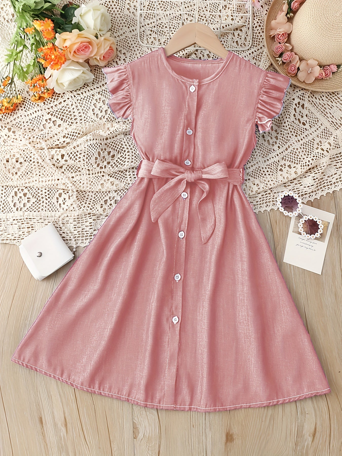 Toddler Girls Butterfly Sleeves Belted Dress