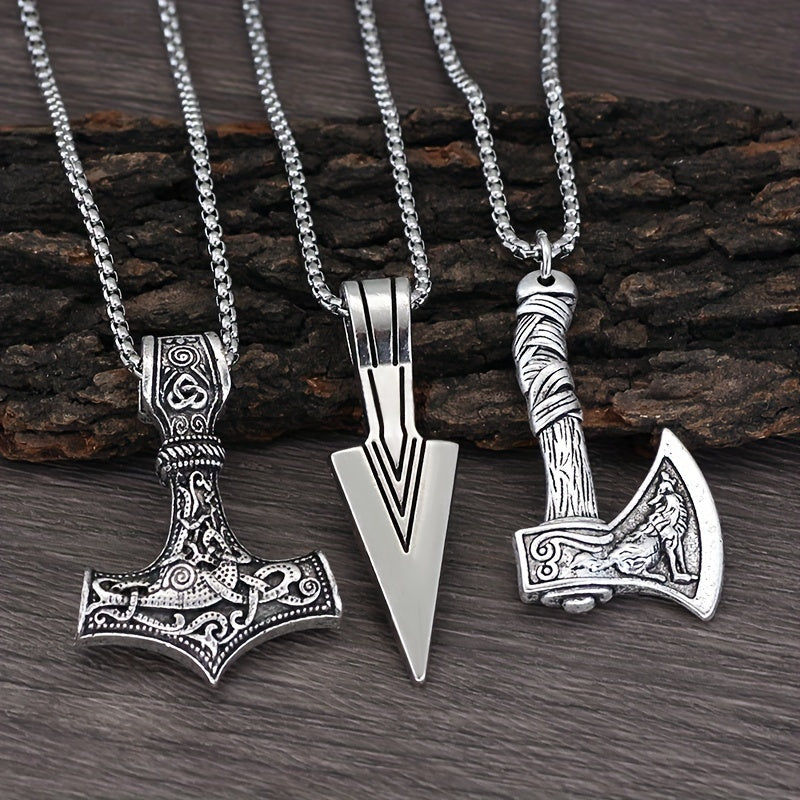 Men's Viking Necklace Hammer Compass Knot Wolf Axe Pendant