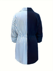  Colorblock Stripe Print Long Sleeve Shirt Dress