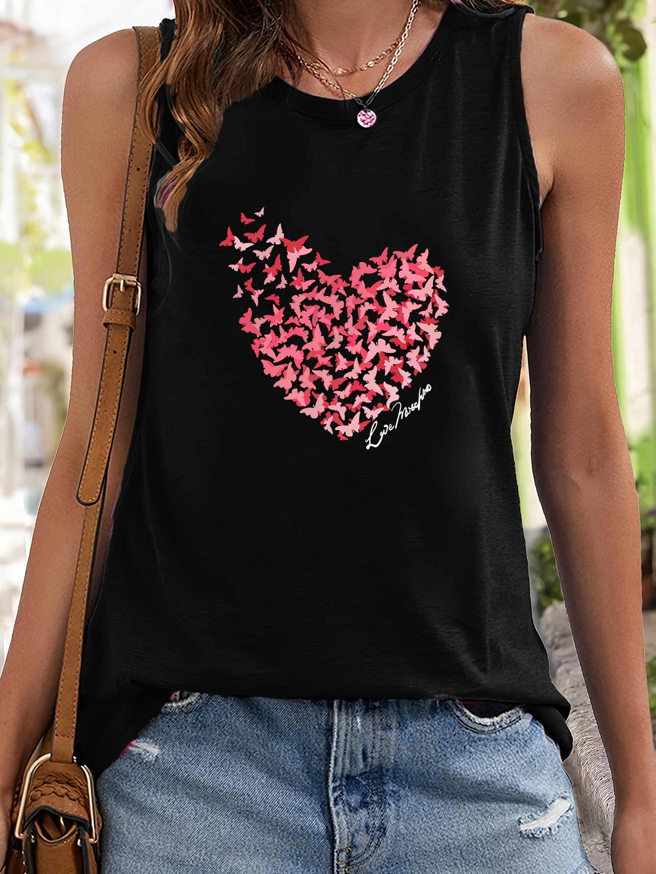 Butterfly & Heart Pattern Stretchy Sports Vest Round Neck Sleeveless Casual Top