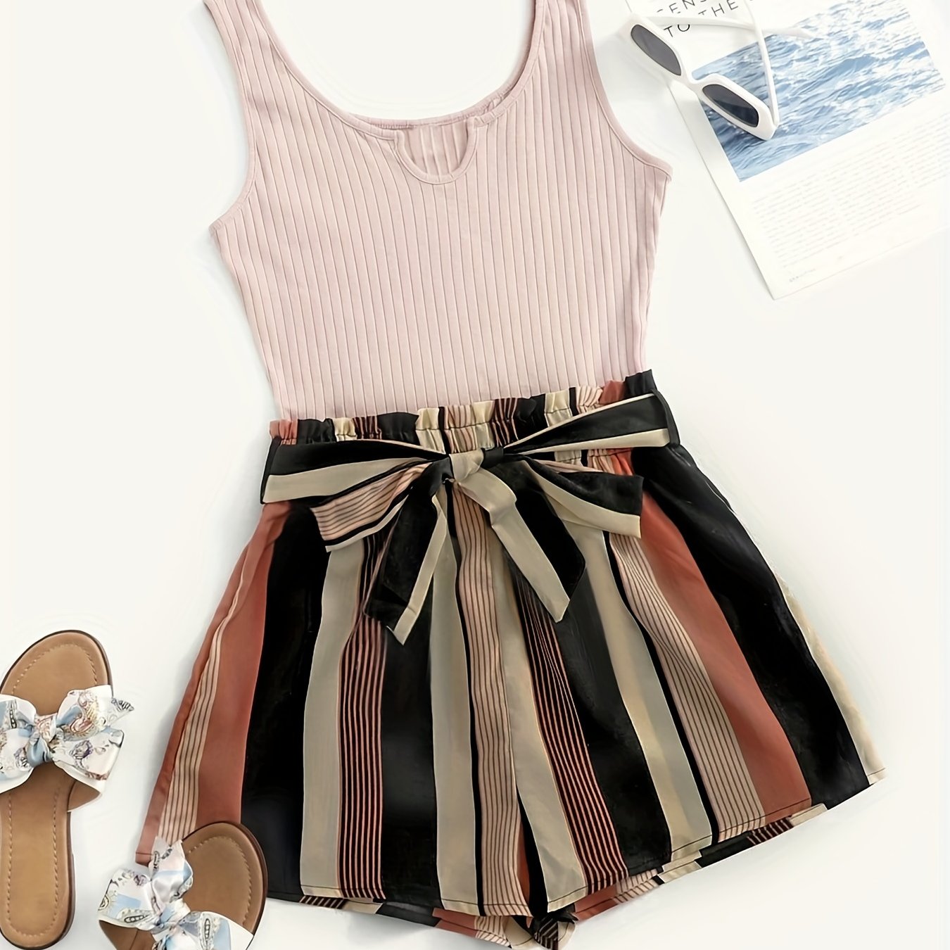 Stripe Print Belted Romper Jumpsuit Casual Sleeveless Tank Romper Jumpsuit