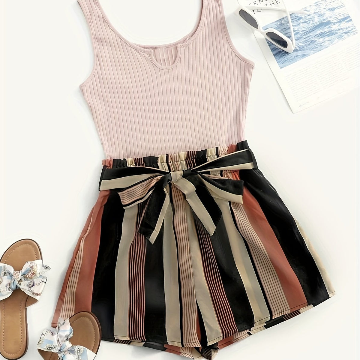 Stripe Print Belted Romper Jumpsuit Casual Sleeveless Tank Romper Jumpsuit