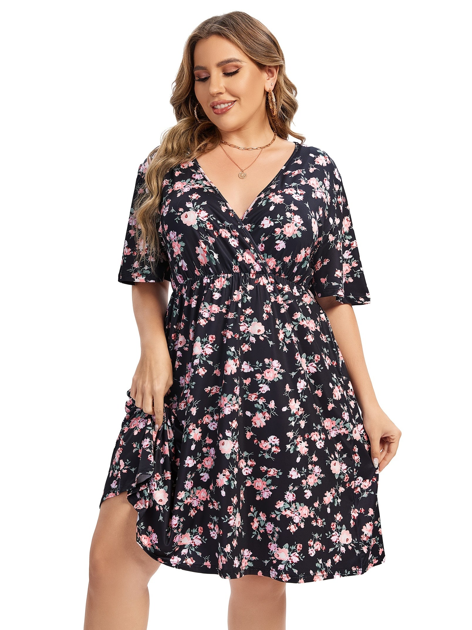  Floral Print V Neck Stretch Dress