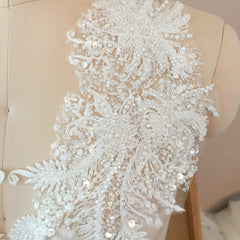 2pcs Flower Beaded Lace Rhinestone Applique Patches for Wedding Dresses