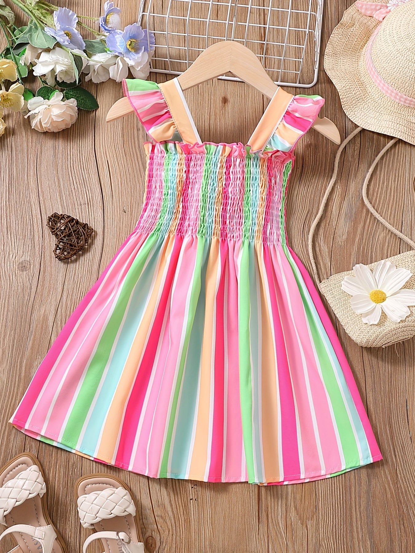 Girls Striped Sleeveless Dress Ruffles Ruched Summer Clothes