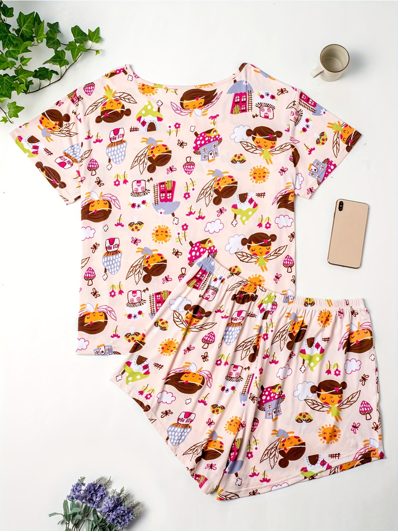  Women's Pajama Set House Print Short Sleeve Top & Pants