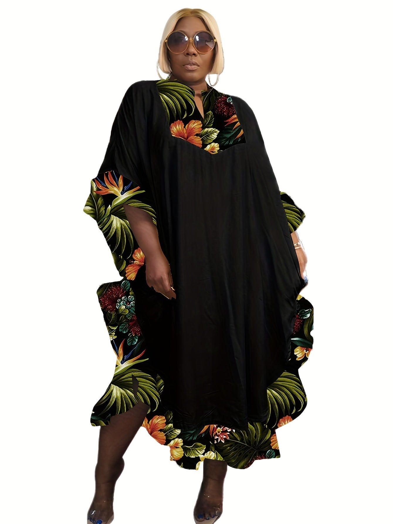  Colorblock Floral Print Abaya Dress with Ruffle Trim