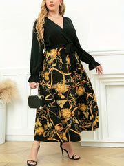 Chain Print Ruffled Surplice Neck Dress With Belt