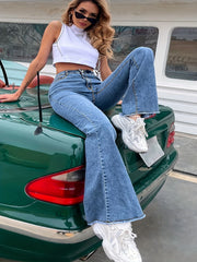  Button Fly Fringe Trim High Rise Flare Leg Jeans