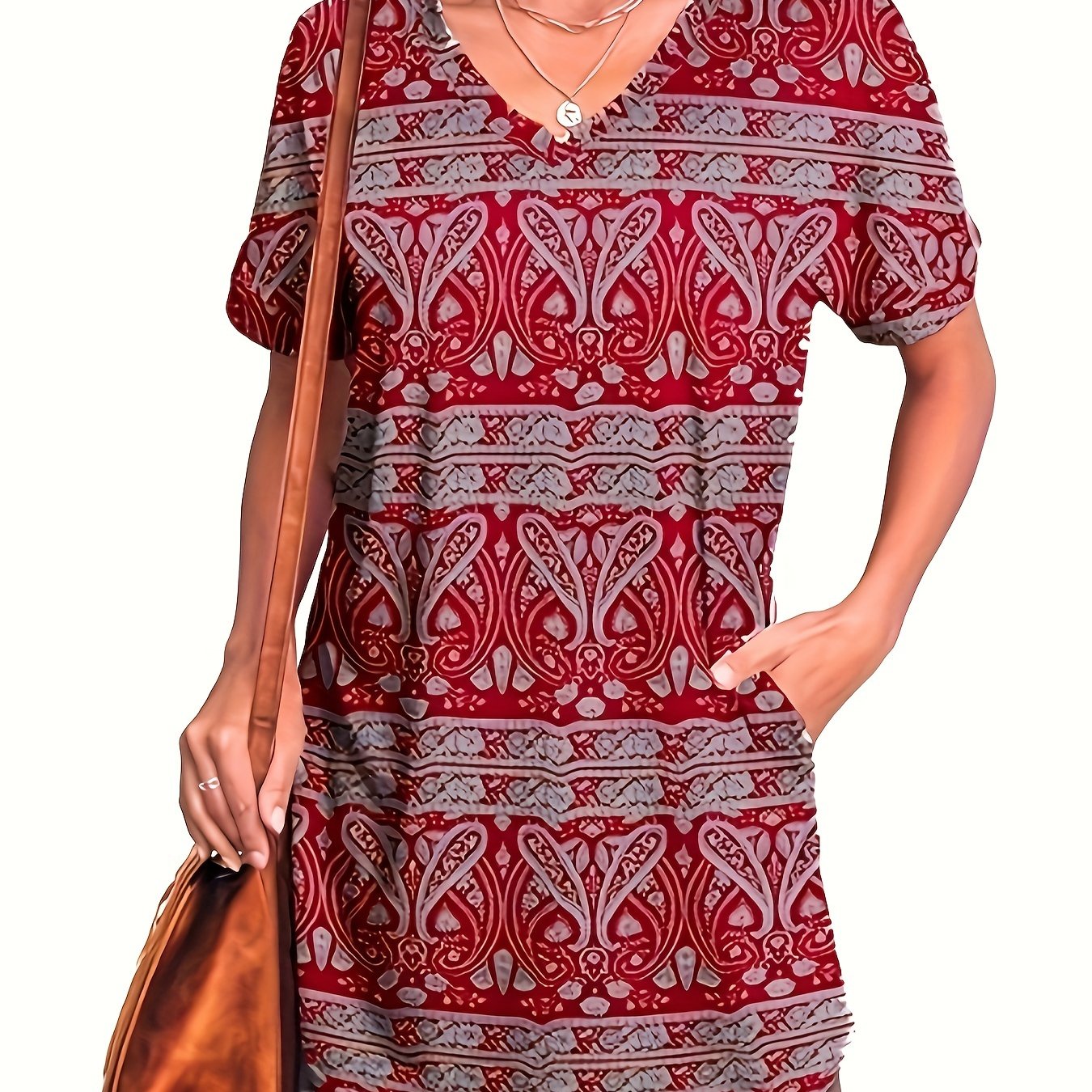  Paisley Print V Neck Tee Dress With Pockets
