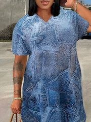  Casual Denim Print Short Sleeve V Neck Dress With Pockets