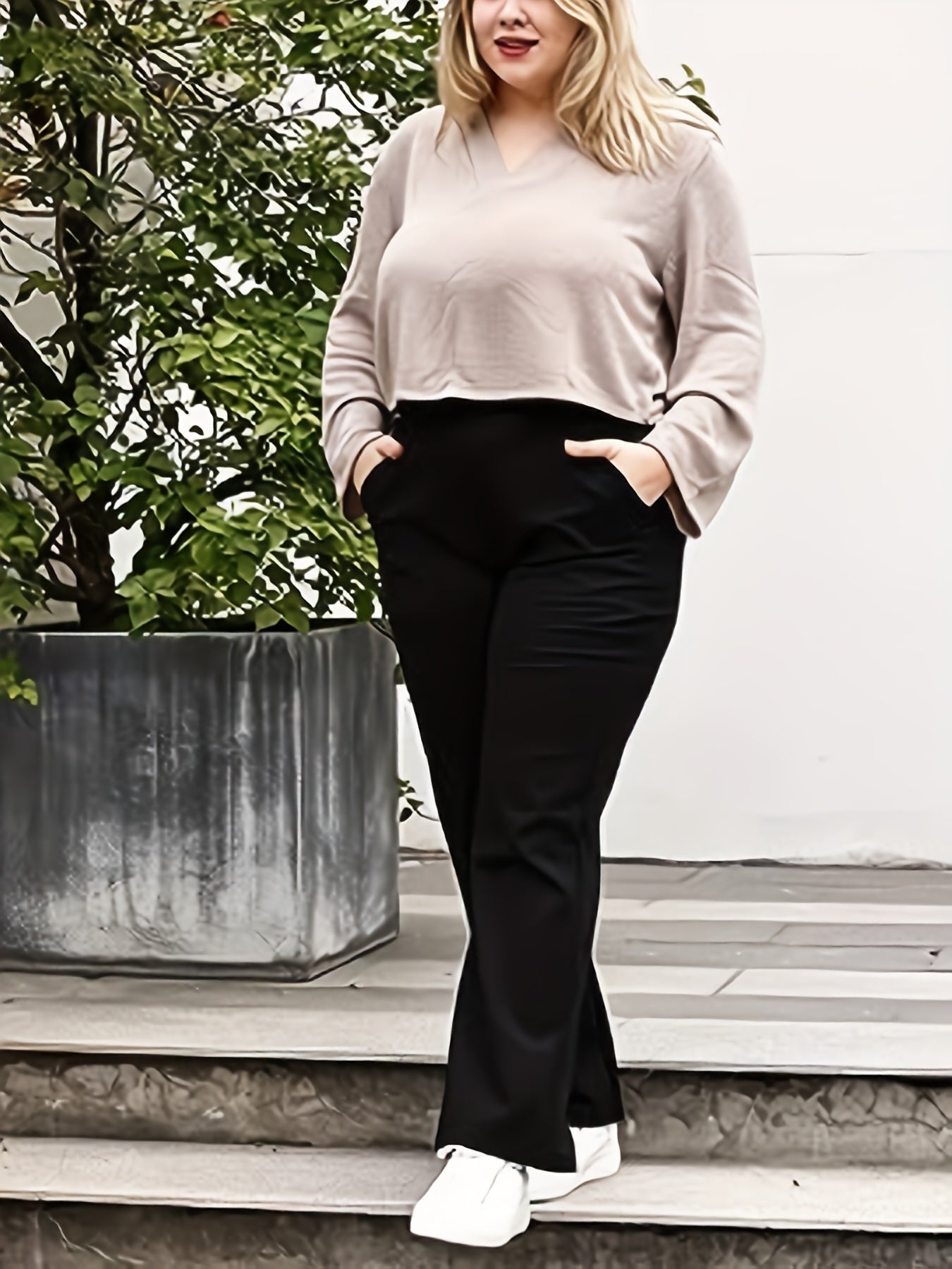  Solid High Rise Stretch Workwear Pants With Pockets