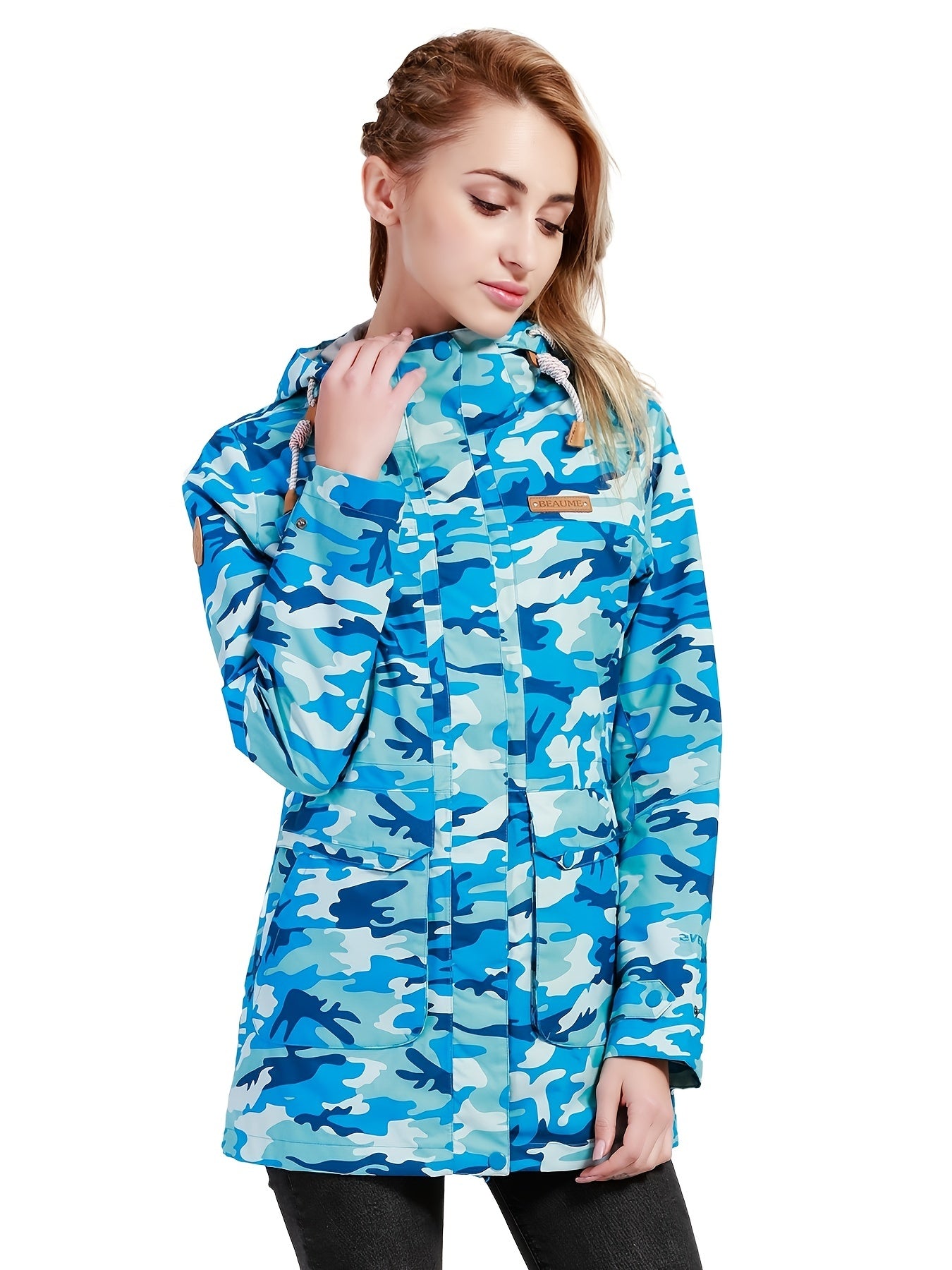Women's Camo Print Ski Hooded Jacket Waterproof Snow Coat
