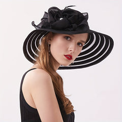 Striped Sun Hat Lace Flower Decor Organza Travel Beach Hats