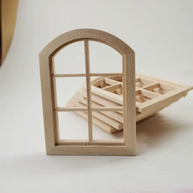 1:12 Scale Dollhouse Wooden Window Beige Fabric Glass Panel