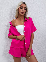 Casual Two-piece Set Button Blouse & Shorts Outfit