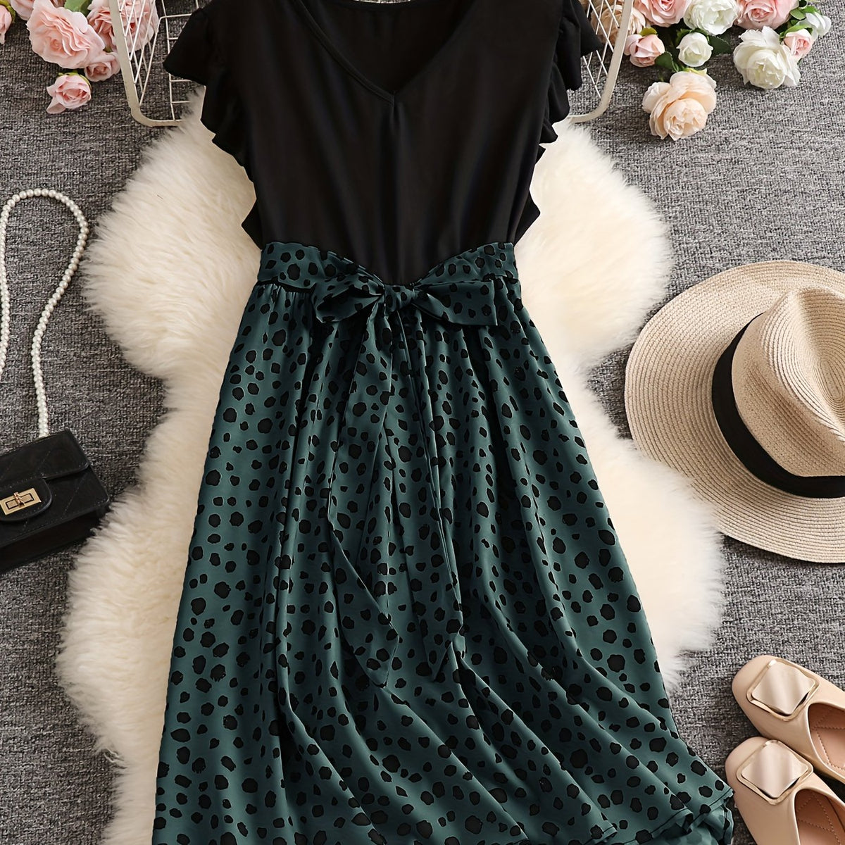  Leopard Print Ruffle Sleeve V Neck Dress