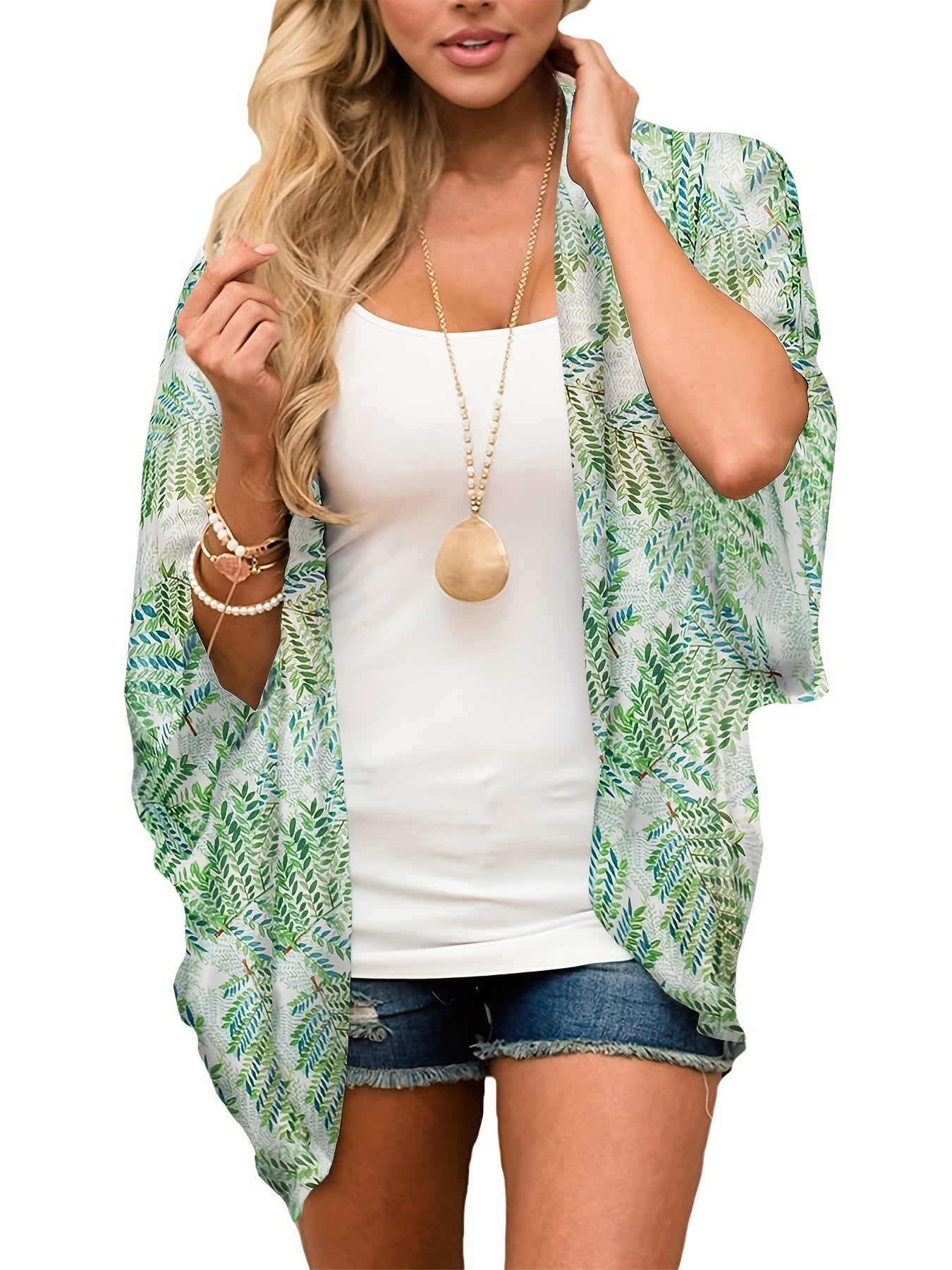 Leaf Print Cover Up Shirt V Neck Loose Fit Half Sleeves Non Stretch