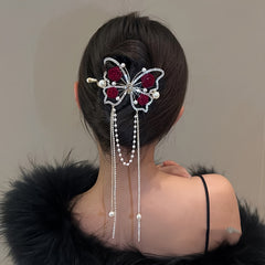 Girl's Tassel Rose Flower Barrette Vintage Rhinestone Hair Clip