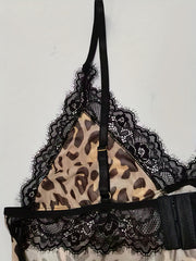  Leopard Print Lace Hollow Out Sexy Bodysuit