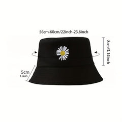 Daisy Flower Embroidery Bucket Hat Reversible Sunscreen Beach Cap Women