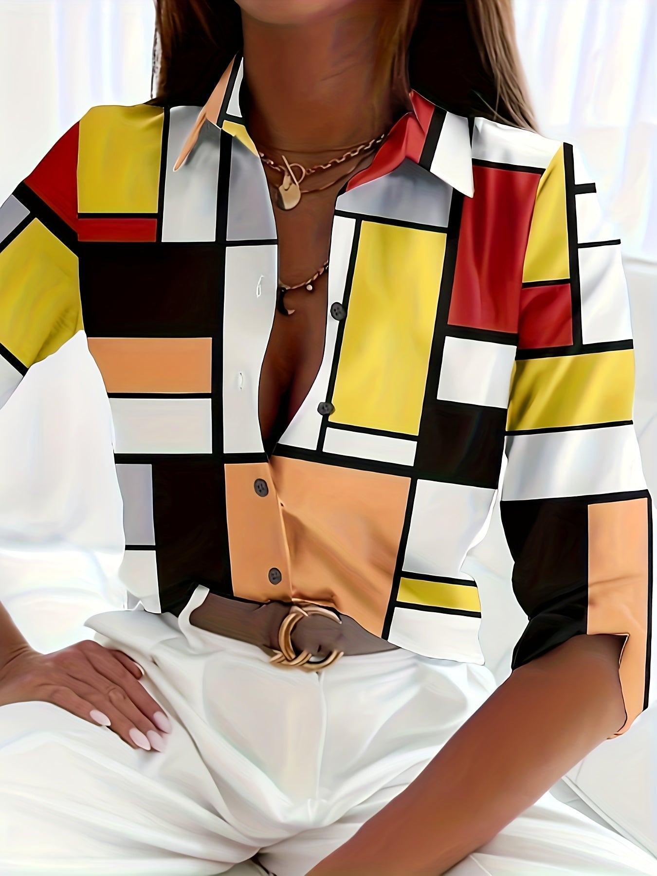  Geo Print 3/4 Sleeve Button Up Shirt