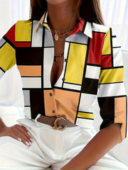  Geo Print 3/4 Sleeve Button Up Shirt