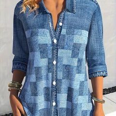  Denim Print Long Sleeve Button Up Shirt