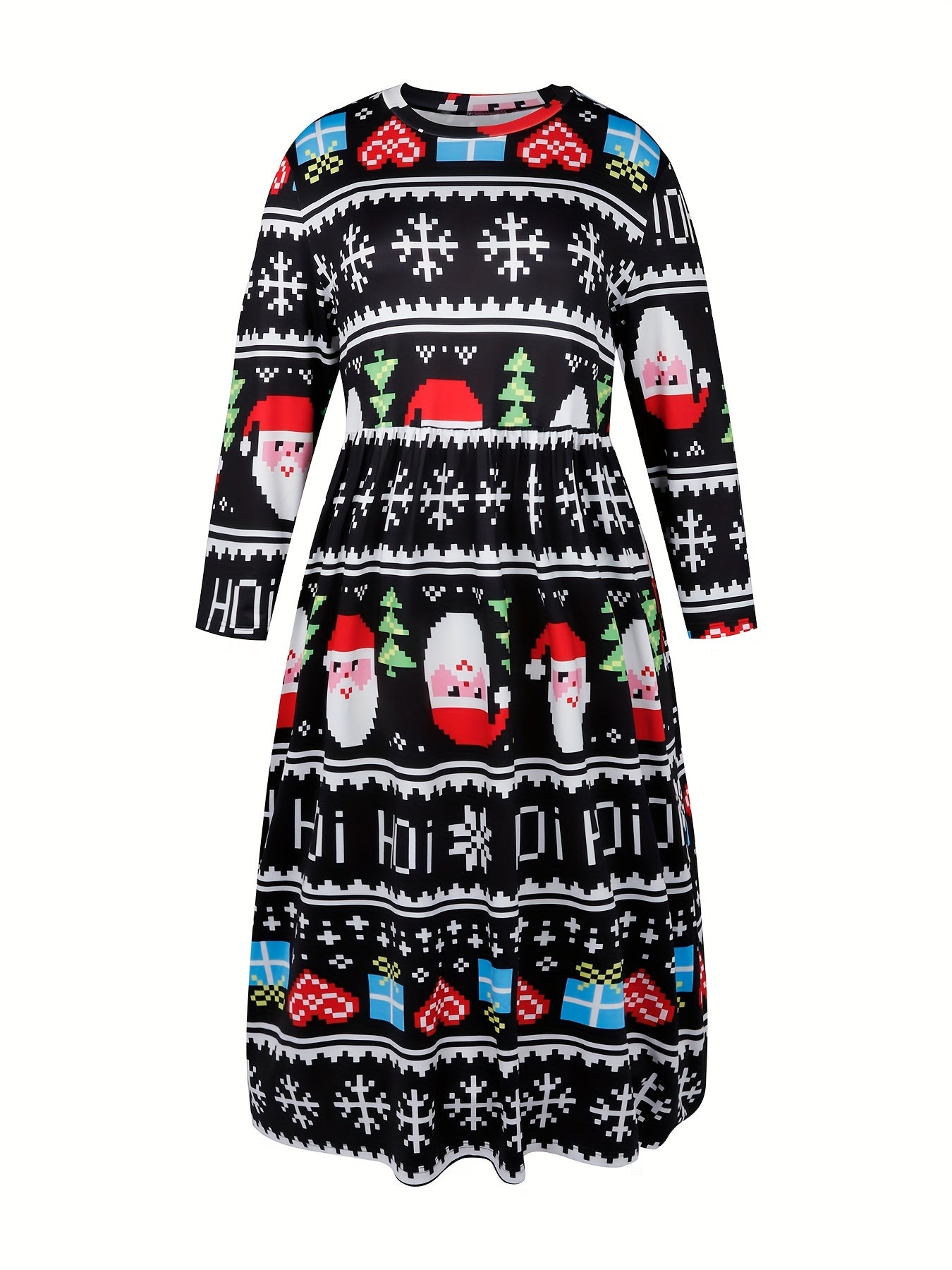  Santa Claus Print Half Sleeve Round Neck Stretch Maxi Dress
