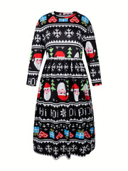  Santa Claus Print Half Sleeve Round Neck Stretch Maxi Dress