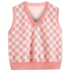Checkerboard Sleeveless Knitted Vest for Summer Party