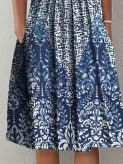  Colorblock Damask Print Short Sleeve Round Neck Dress