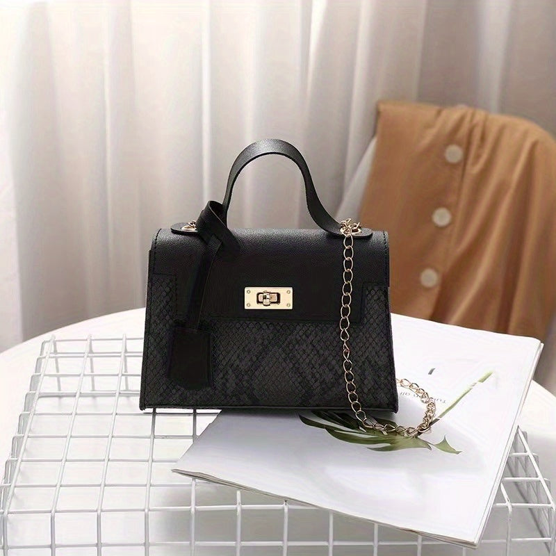 Snake Skin Pattern Crossbody Bag Turn Lock Chain Bag