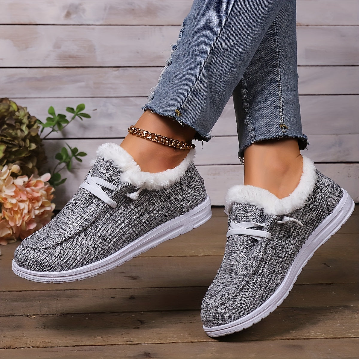 Plush Fur Fleece Lined Flat Skate Shoes