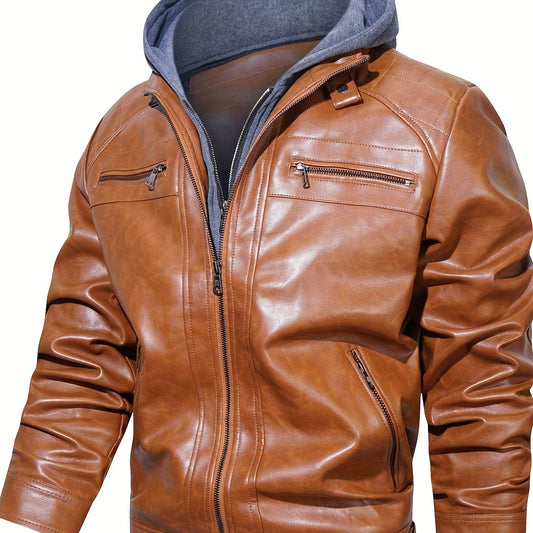 Men's Vintage Style Pu Hooded Jacket Zip Up Faux Leather Coat