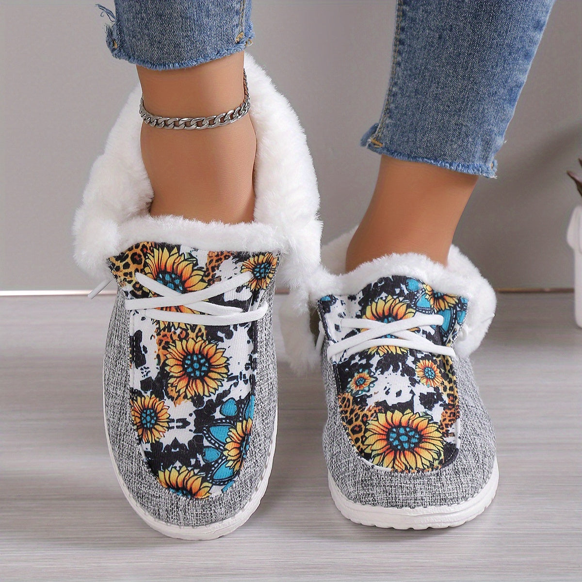 Women's Snow Boots Sunflower Print Plush Lined Slip On Fuzzy Canvas Shoes