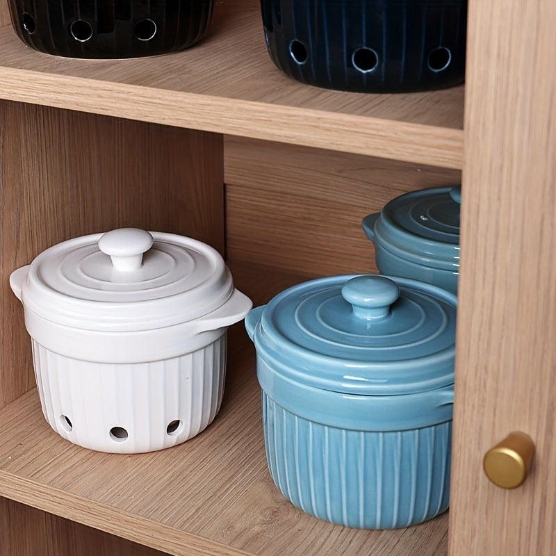 Ceramic Garlic Keeper with Lid Countertop Storage Bowl
