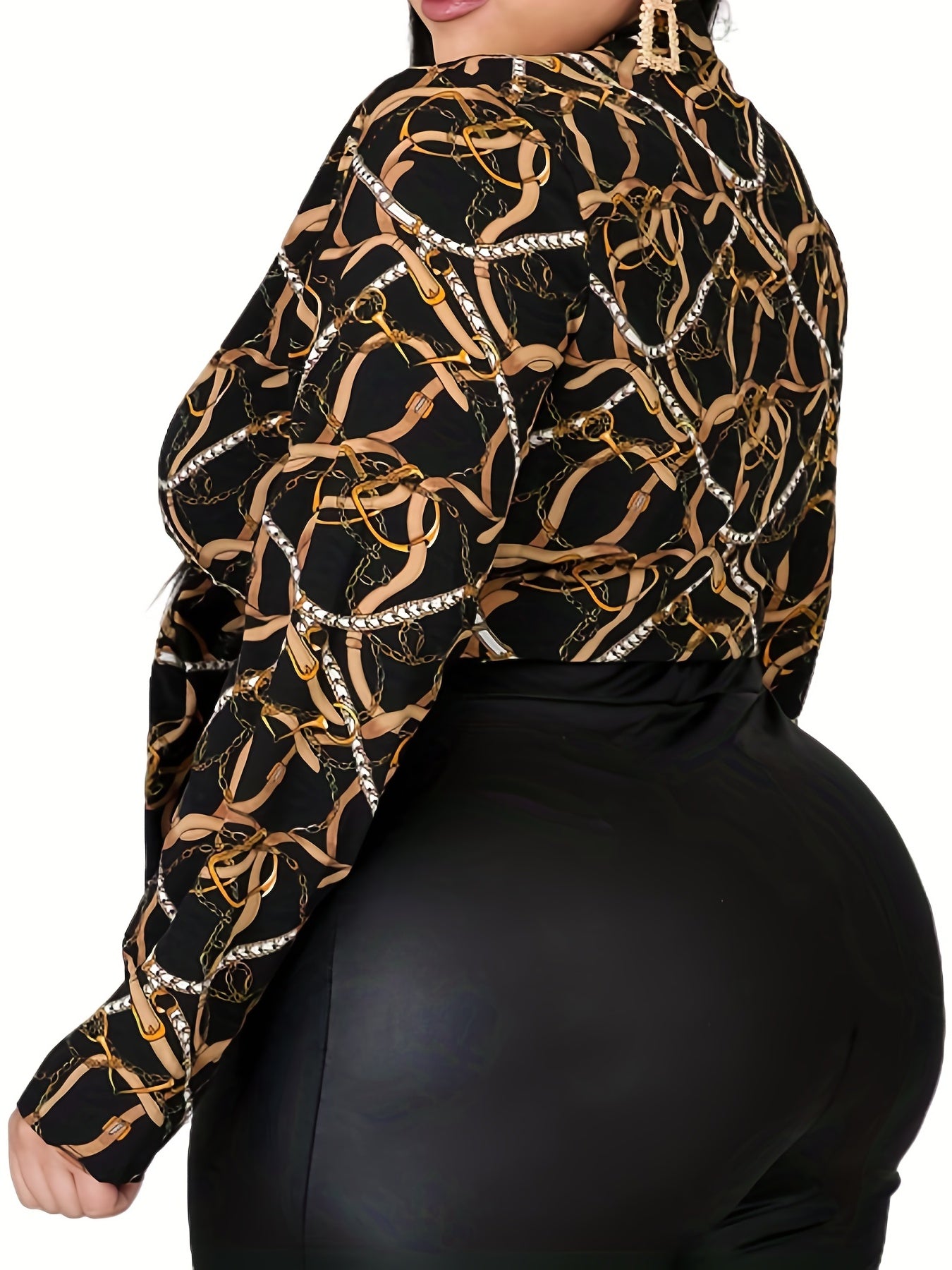  Sexy Blouse Women's Plus Chain Print Long Sleeve Knot Front Crop Top
