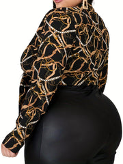  Sexy Blouse Women's Plus Chain Print Long Sleeve Knot Front Crop Top