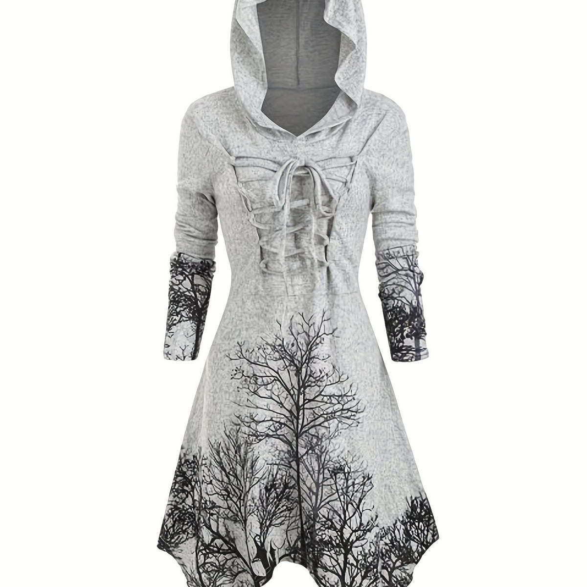 Tree Print Drawstring Hooded Dress Casual Long Sleeve Dress For Spring & Fall