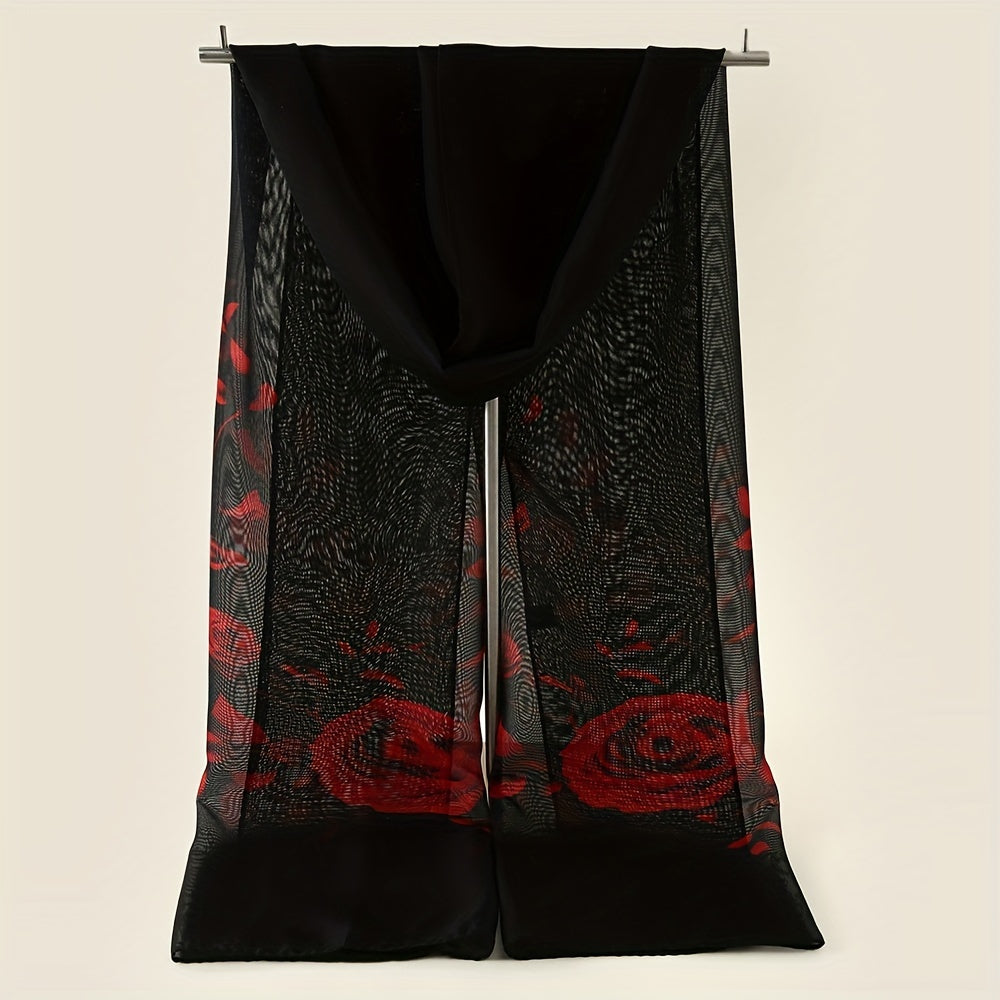 Rose Flower Print Chiffon Shawl Scarf for Beach Vacation