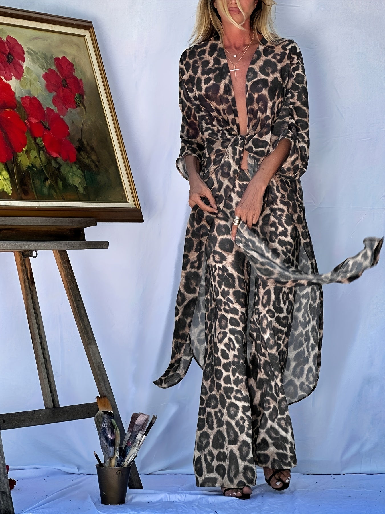 Sailboat Print 2 Piece Beachwear Vacation Style Kaftan Cover Up