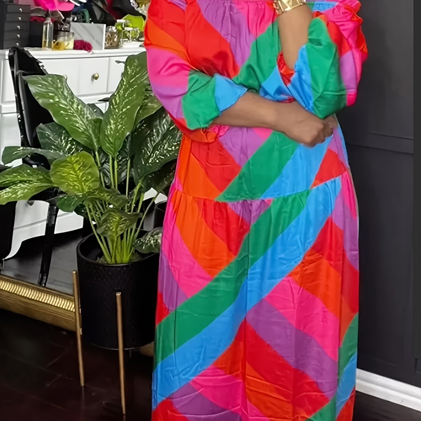  Colorblock Geometric Print Off Shoulder Dress
