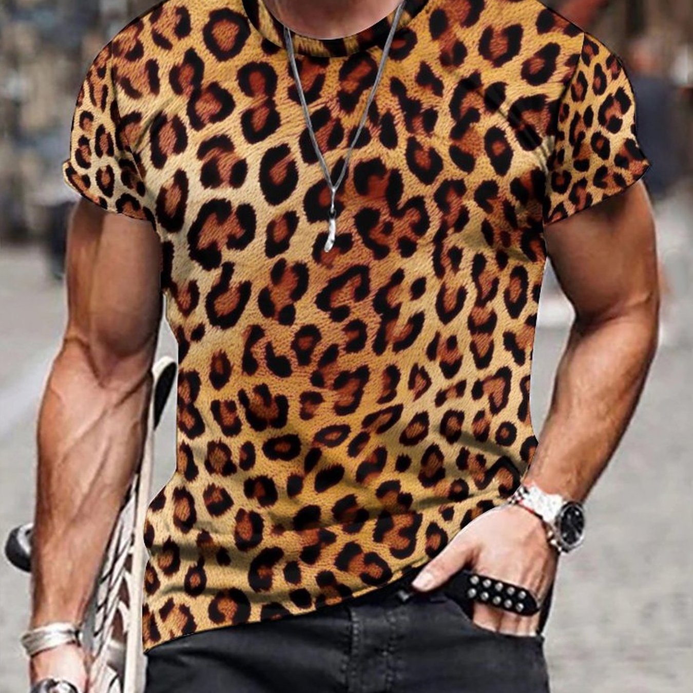 Men's 3D Leopard Print T shirt Casual Stretch Tee