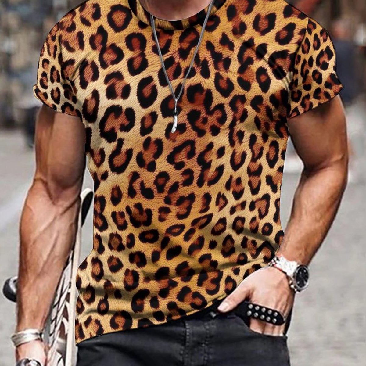 Men's 3D Leopard Print T shirt Casual Stretch Tee