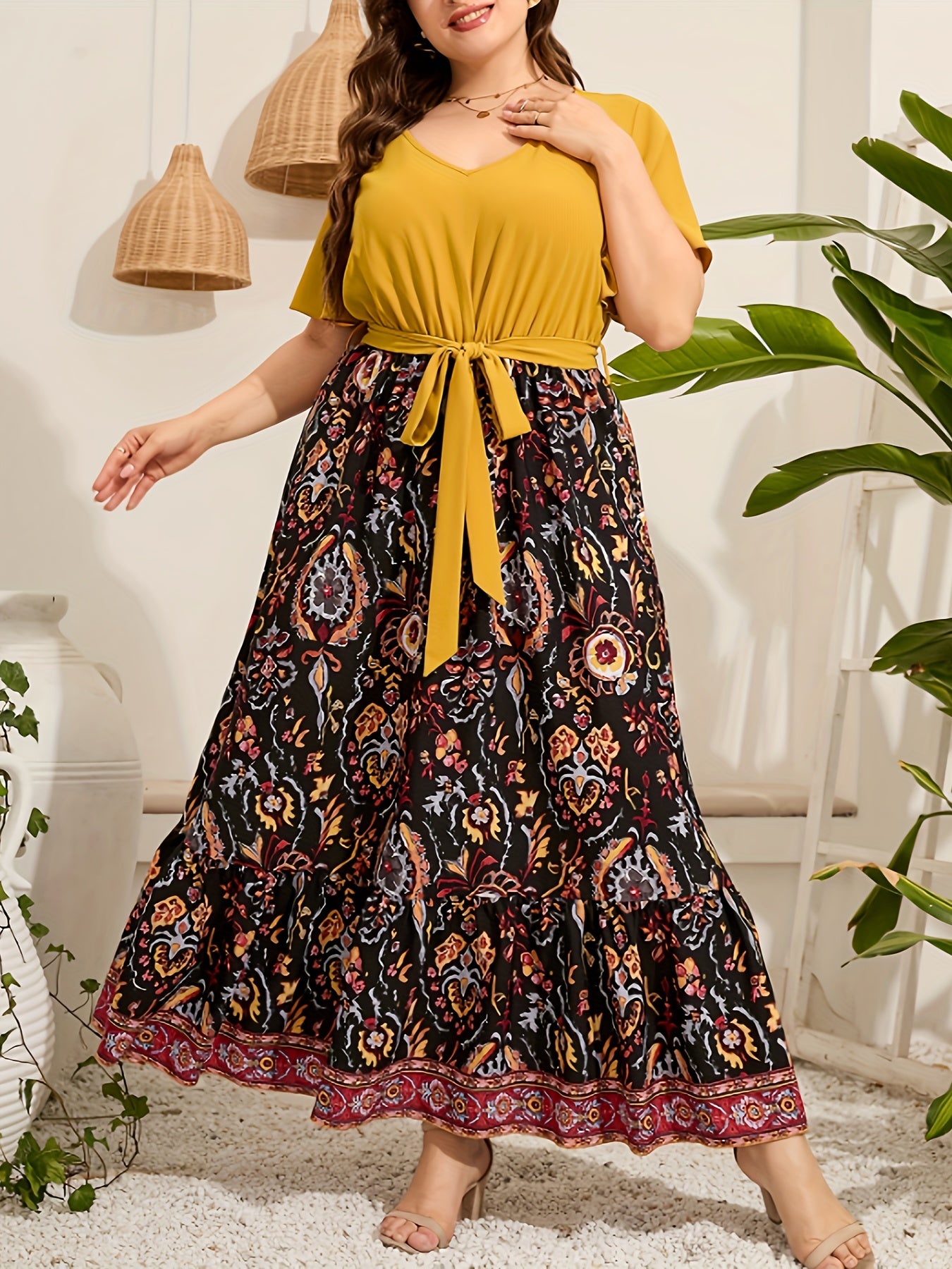  Colorblock Floral Print Knot Front Maxi Dress