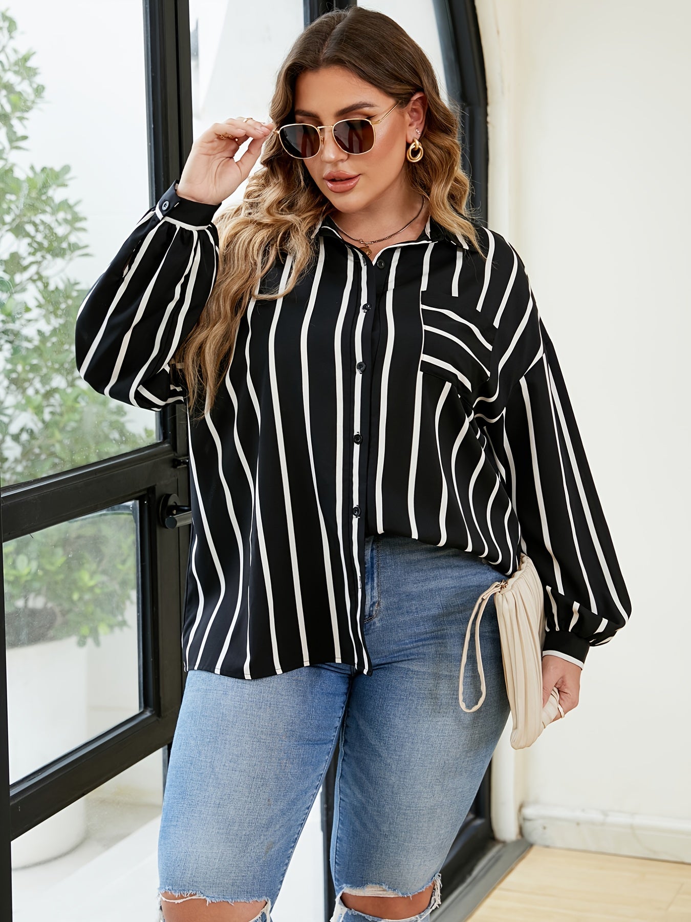  Striped Loose Fit Shirt Women's Casual Blouse